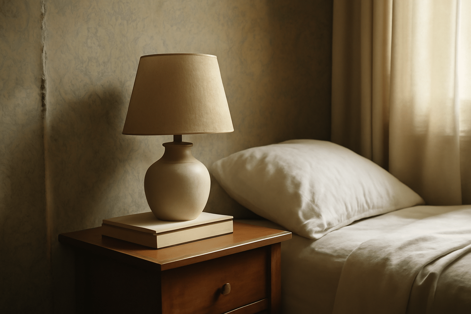Gros plan papier peint géométrique gris dans une chambre scandinave avec commode en bois clair