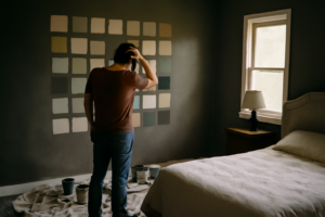 Chambre lumineuse peinte en bleu pastel — idée couleur peinture chambre apaisante et moderne