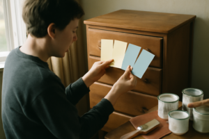 Idée couleur bleu canard pour repeindre un meuble en bois — relooking moderne et chaleureux, peinture meuble bois tendance