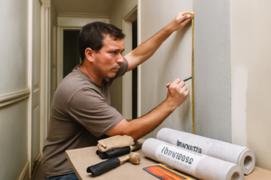 Papier peint pour couloir moderne à motifs géométriques gris et doré, crée profondeur pour couloirs étroits