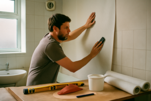 Papier peint salle de bain moderne gris effet carrelage, étanche et lavable, design minimaliste pour mur de douche
