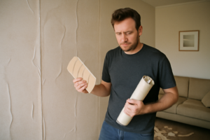 Papier peint salon moderne à motifs géométriques gris et doré, décoration murale élégante pour séjour contemporain