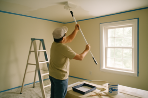 Peinture de plafond blanc mat par un peintre professionnel à l'échelle, application de sous-couche et finition lisse