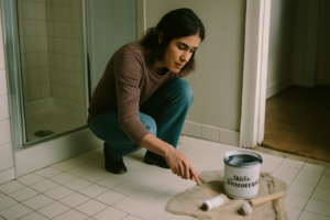 Avant/après : peindre un carrelage mural blanc en gris anthracite pour moderniser une salle de bains — tutoriel rénovation DIY
