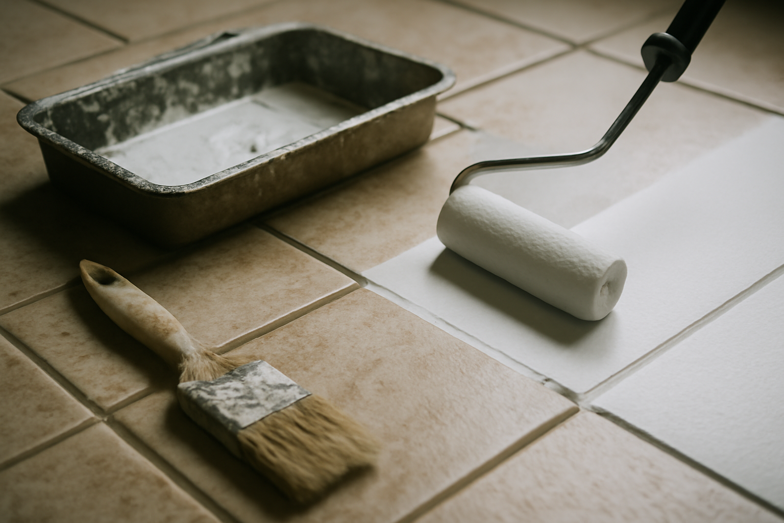 Étapes pour peindre un sol carrelé : préparation, primaire et peinture pour carrelage, avant-après rafraîchissement
