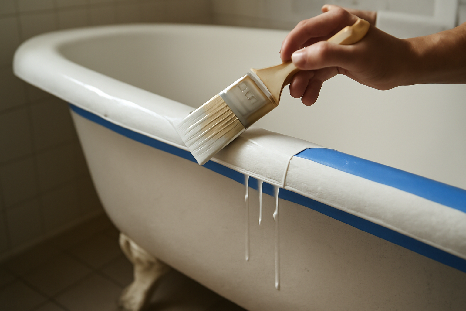 Peinture spéciale baignoire — ponçage, primaire et application d'une laque époxy pour rénovation durable