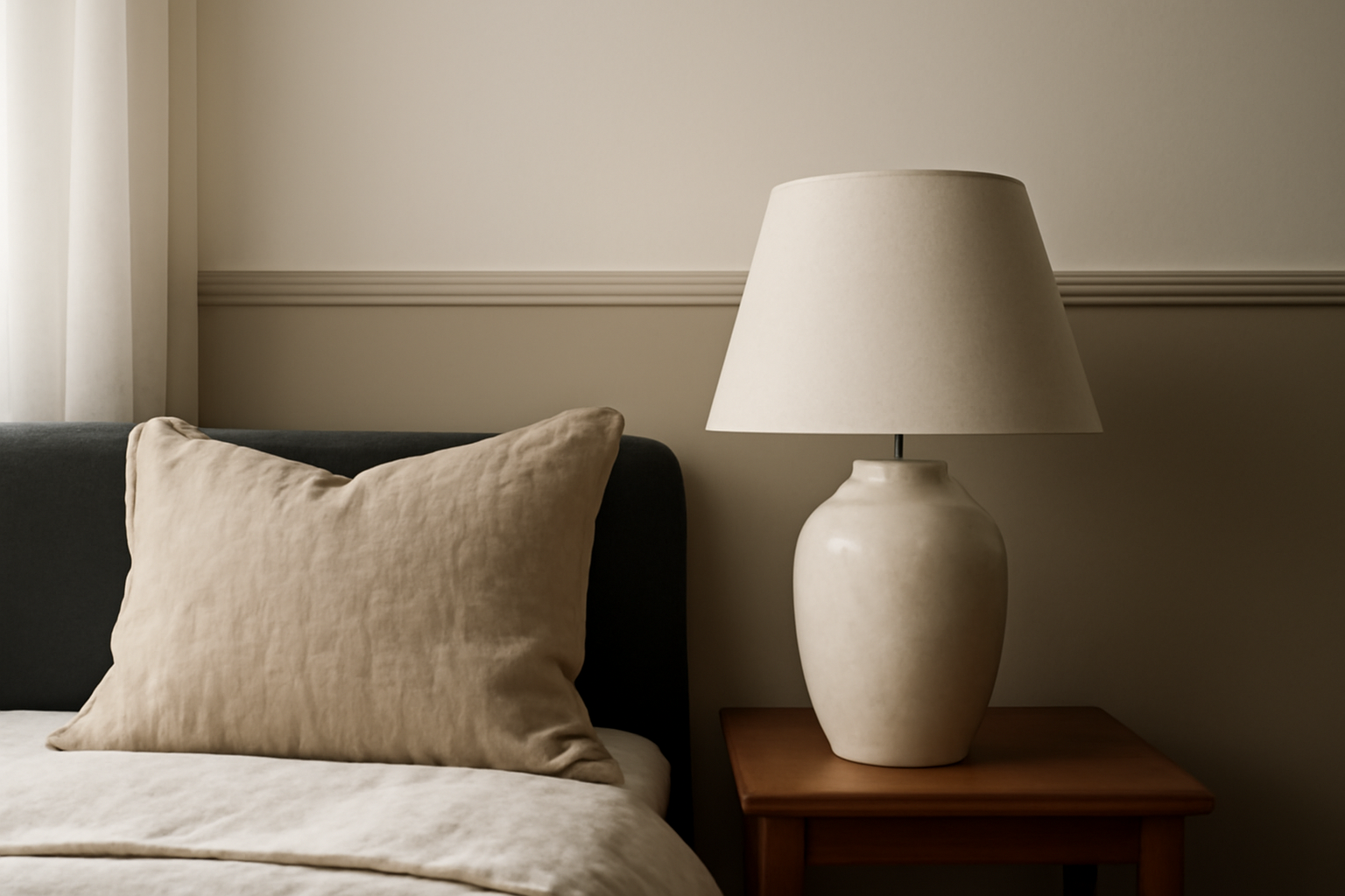 Idée peinture chambre adulte 2 couleurs : tête de lit taupe et murs ivoire pour une ambiance cosy et contemporaine