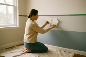 Peinture chambre adulte 2 couleurs — mur bleu profond et mur d'accent gris clair, déco moderne et élégante