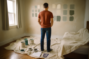 Peinture murale pour chambre adulte couleur gris chaud, finition mate, style moderne et ambiance cocooning