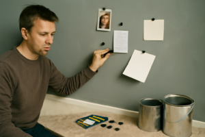 Peinture magnétique appliquée sur mur gris avec aimants et notes – solution aimantée pour bureau, école et atelier