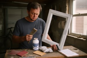 Peinture sur PVC : application d'un primaire puis peinture acrylique sur cadre de fenêtre PVC rénové