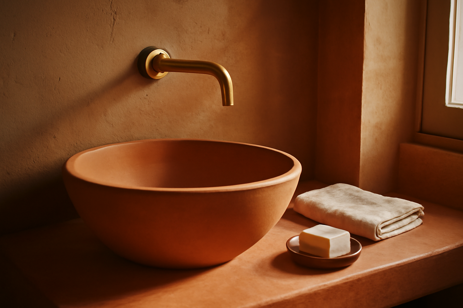 Détail carrelage terracotta et robinet noir dans une salle de bain au style méditerranéen, ambiance chaleureuse