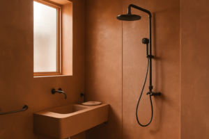 Salle de bain terracotta contemporaine avec carrelage en terre cuite, vasque blanche et décoration végétale