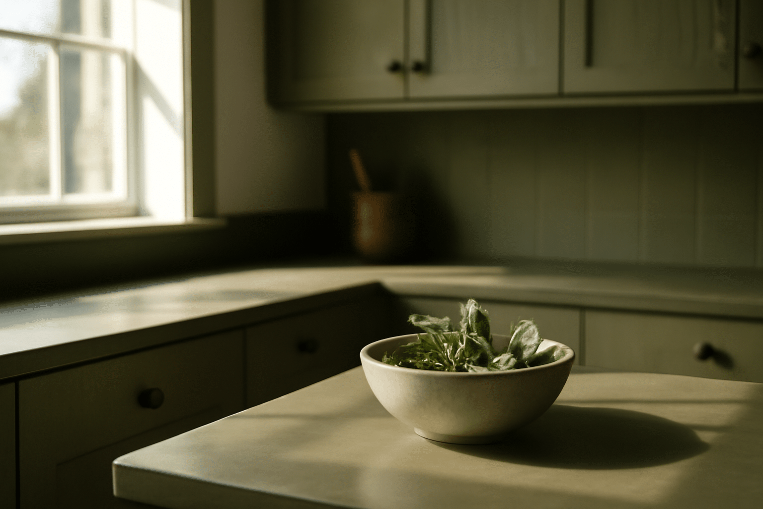 Gros plan peinture vert olive pour cuisine sur mur près d’un plan de travail en pierre et étagères décoratives