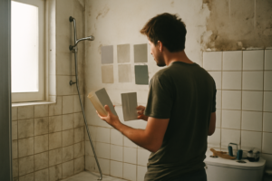 Salle de bain moderne aux murs bleu canard et meuble vasque blanc — idée couleur et décoration