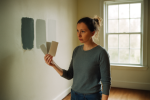 Idée couleur pour chambre : palette bleu pastel, gris doux et beige chaud pour une déco apaisante