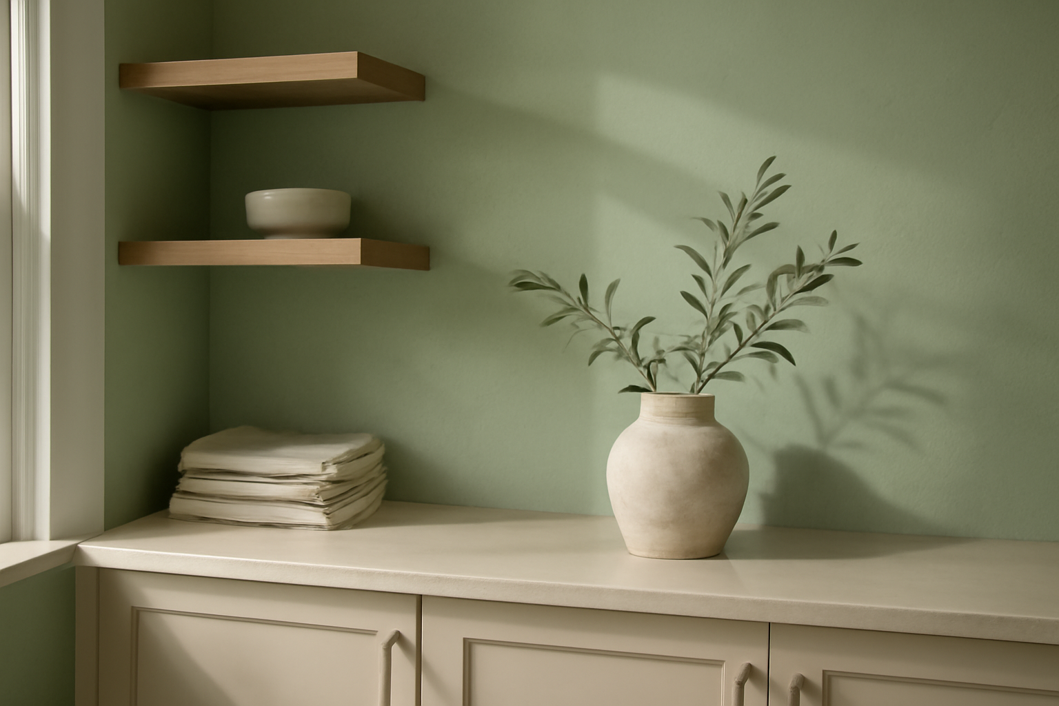 Idée couleur des murs pour cuisine : bleu-vert et blanc cassé pour une petite cuisine cosy, conseils peinture et harmonie déco