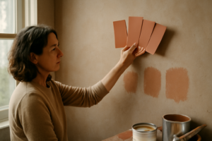Couleur terracotta chaude appliquée sur un mur de salon contemporain — inspiration décoration intérieure tendance