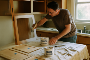 Meuble de cuisine à peindre : armoire en bois avant relooking, idée rénovation DIY pour peindre et personnaliser votre cuisine