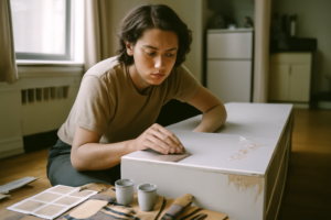 Personne appliquant de la peinture acrylique sur une commode IKEA MALM — tutoriel pour peindre meuble IKEA (relooking DIY)