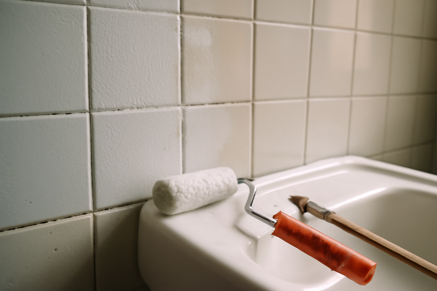 Application de peinture pour carreaux : pose au rouleau sur carrelage de cuisine, finition satinée facile à entretenir