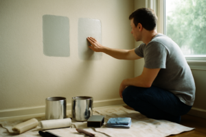 Mur décoré avec peinture mat-satin beige — finition intérieure mate satinée, couvrance élevée et aspect uniforme