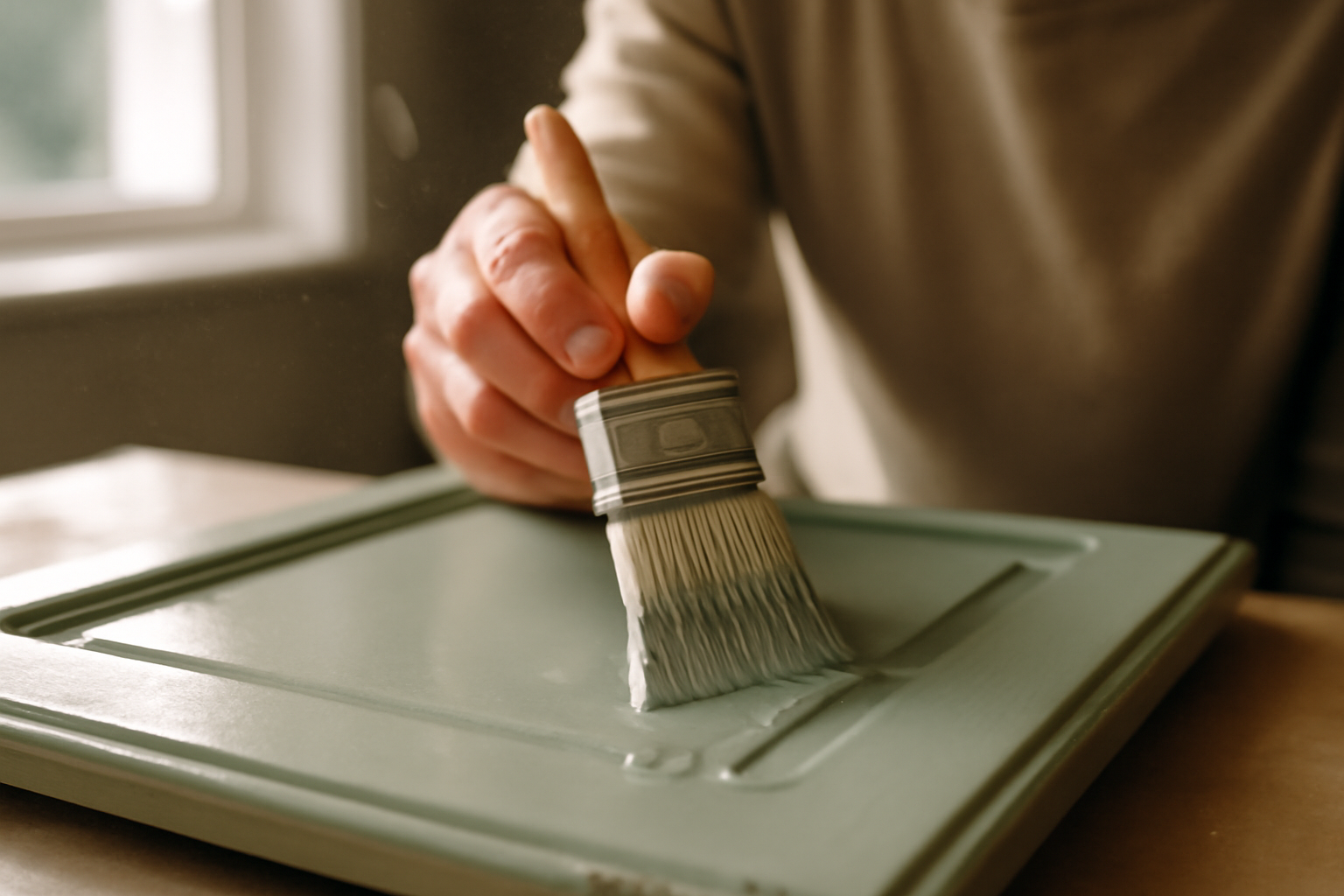 Application peinture meuble de cuisine gris perle - préparation, ponçage et couche d'apprêt visibles lors de la rénovation