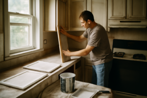 Peinture pour cuisine moderne couleur gris perle, finition satinée résistante à l'humidité et lavable