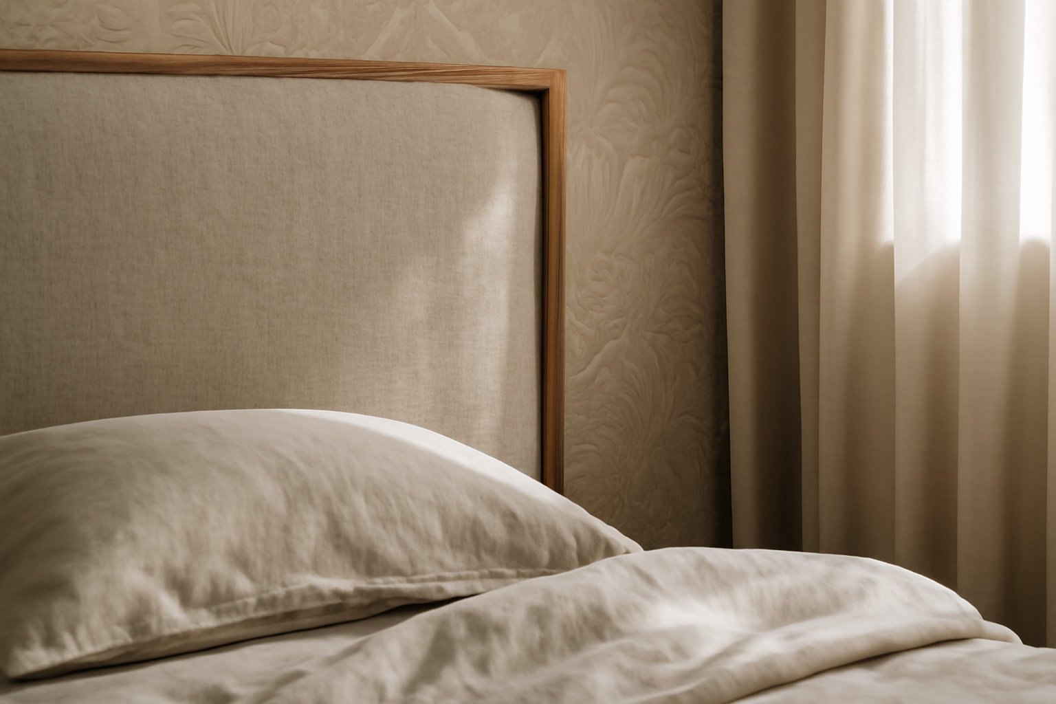 TĂȘte de lit papier peint pour chambre parentale â motif floral Ă©lĂ©gant, palette de couleurs douces, style contemporain
