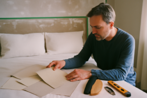 Tête de lit en papier peint pour chambre moderne — motif géométrique, ambiance cosy et inspiration déco